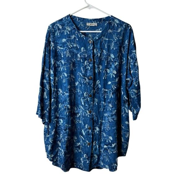 Equi Style Blue Horse Equestrian Button Front 3/4 Sleeve Tunic Blouse - Picture 1 of 7